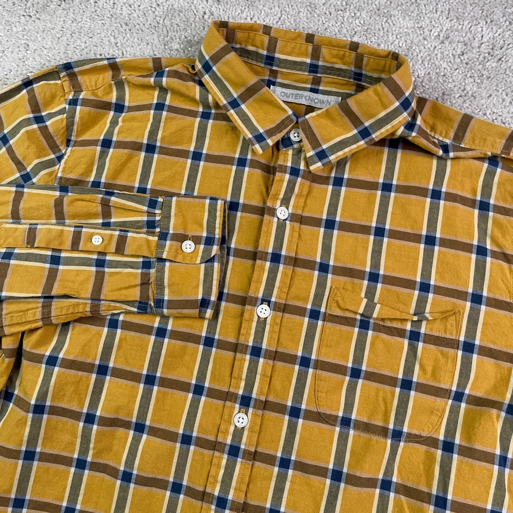 Outerknown Shirt Mens Medium Yellow Blue Check Organic Cotton Casual Button Down